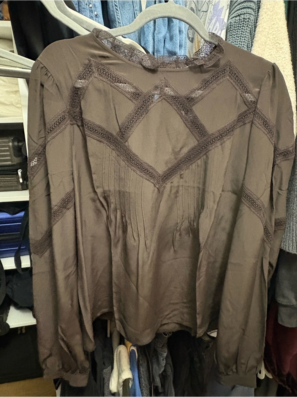 Women's Brown Lace-Trim Long Sleeve Blouse